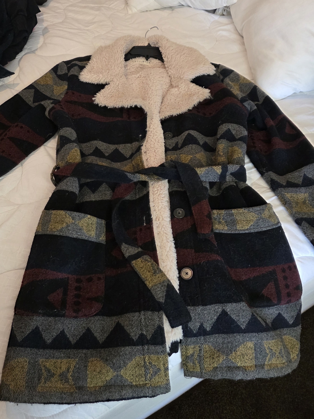Idyllwind Multicolor Aztec Belted Coat with Cream Sherpa Collar